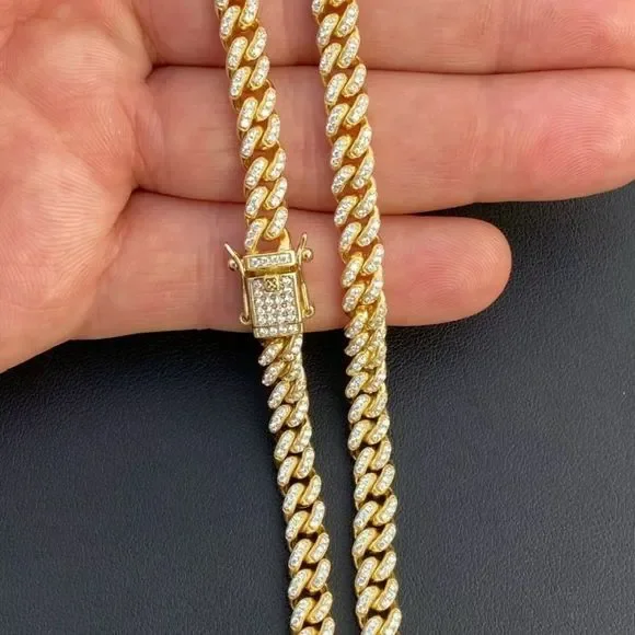 New Iced Out Miami Cuban Chain Solid 925 Gold 22” - Picture 5 of 8